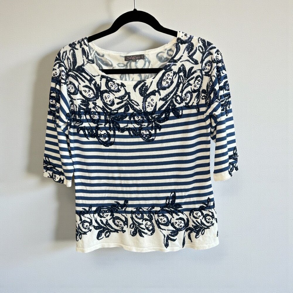 Metric Blue Striped Scroll Floral Sweater Size Large